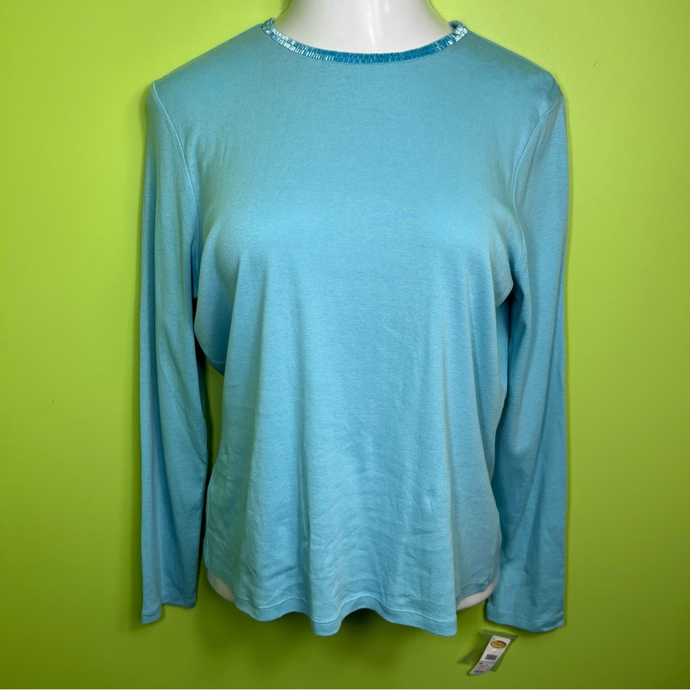 Talbots blue cotton beaded color long sleeve top size L NWT